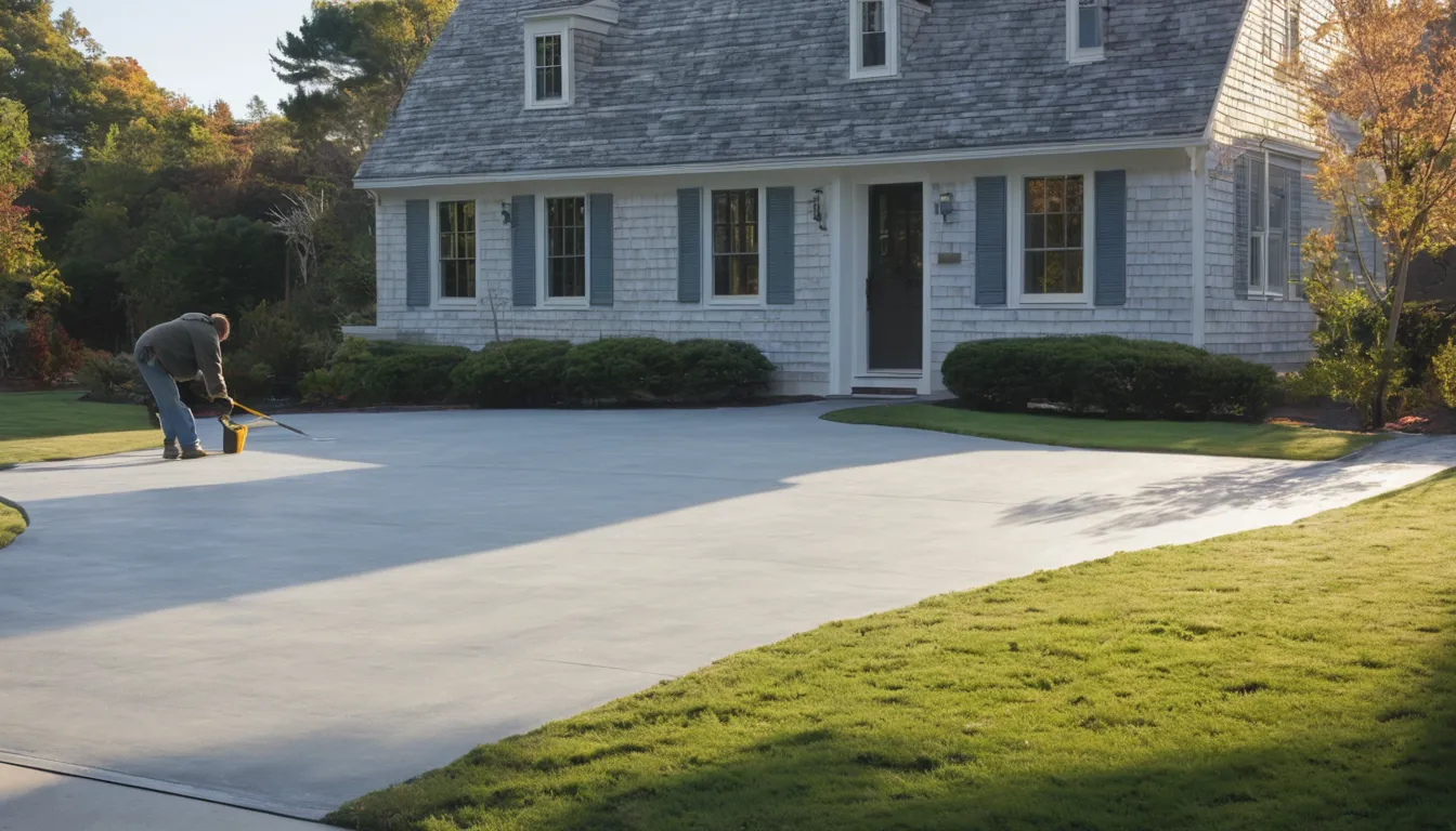 A freshly poured concrete driveway beside a New England style home in Brewster